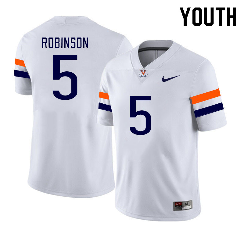 Youth #5 Kam Robinson Virginia Cavaliers College Football Jerseys Stitched Sale-White - Click Image to Close